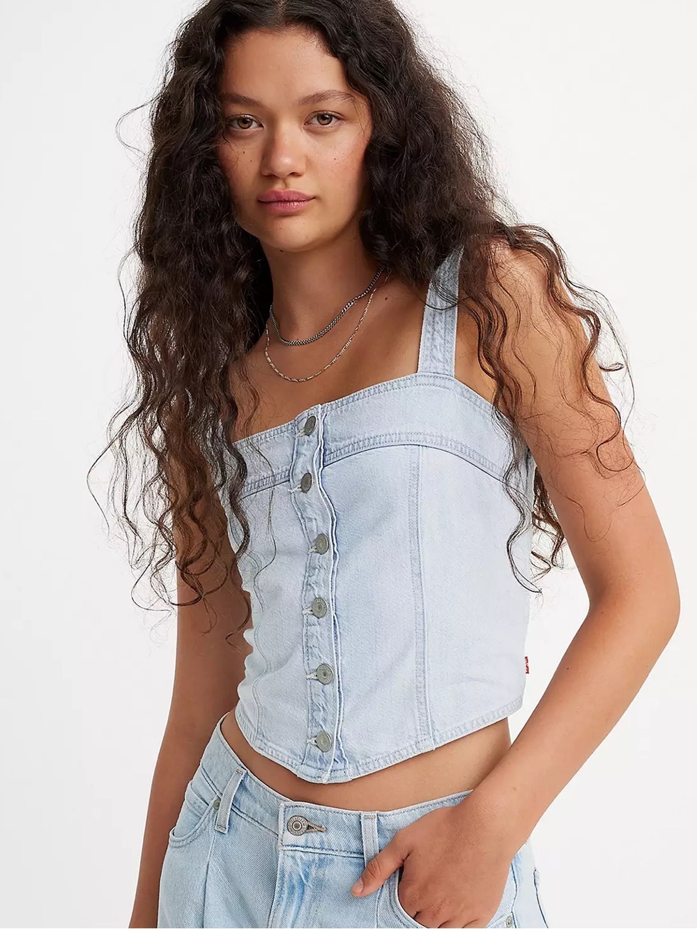 Levi's Drea Tank Top Light Blue Denim Jean Button Front Corset Size Large